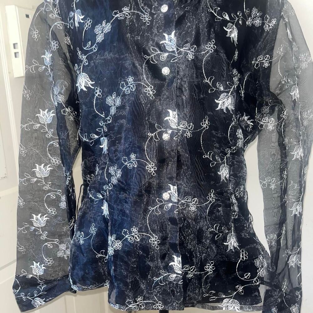Msk Women's Navy and Silver Sheer Floral Embroidered Evening Party Blouse SZ XL - Picture 3 of 3